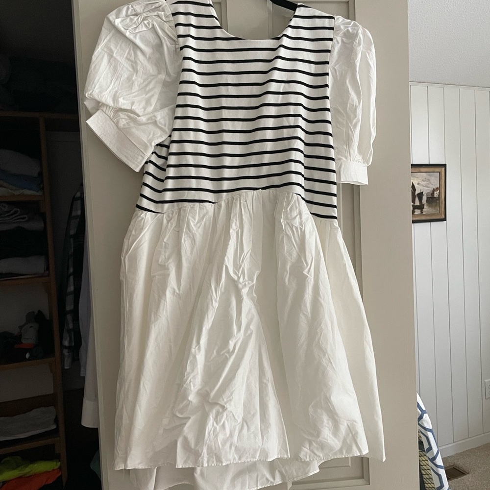 Blue and white striped high low dress